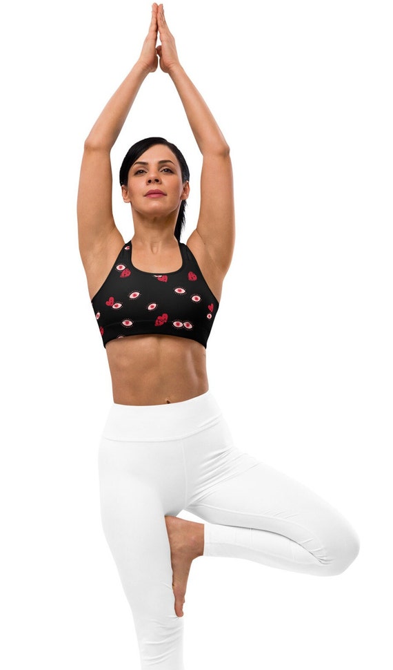 black Padded Sports Bra with red harts on the front and back