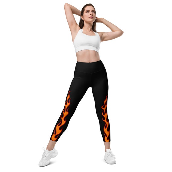 Fire Leggings with pockets, These leggings are designed for comfort, elasticity and softness. Can be worn as stand-alone garments