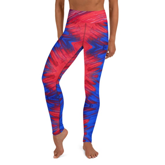 Splash of blue and red Yoga Leggings, These leggings are designed for comfort, elasticity and softness. Can be worn as stand-alone garments