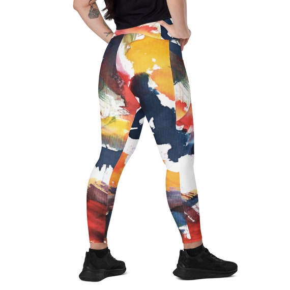 Random bright colors printed on Crossover leggings with pockets