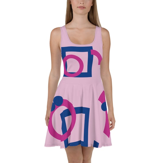 Abstract colored Skater Dress, a short dress with a fitted waist and a skirt that flares into an A-line shape.