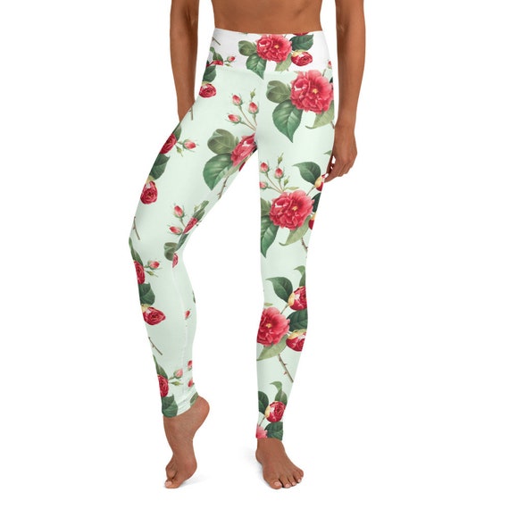 white with Red flowers Yoga Leggings, These leggings are designed for comfort, elasticity and softness. Can be worn as stand-alone garments