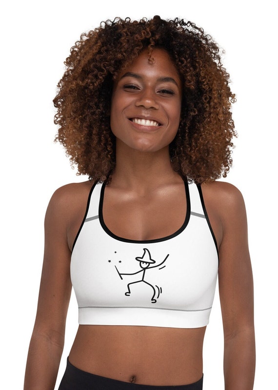 white Padded Sports Bra with black stick man printed on the front