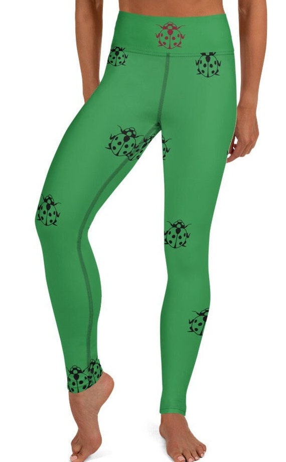 Green with black ladybug Yoga legging, These leggings are designed for comfort, elasticity and softness. Can be worn as stand-alone garments