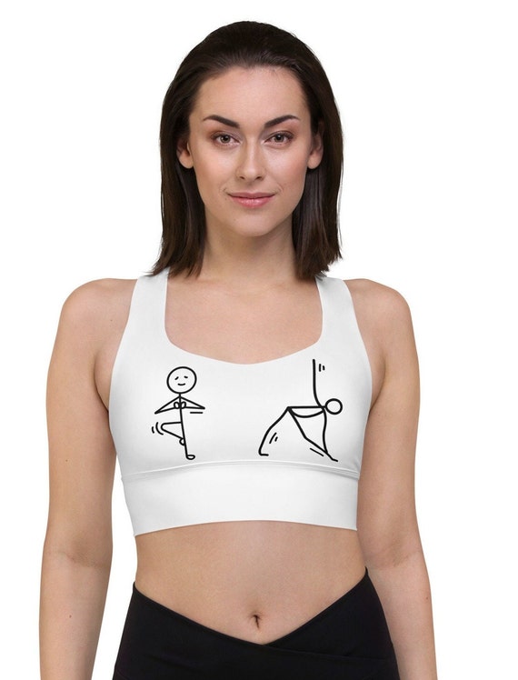 white Longline sports bra with black stick man print on the front