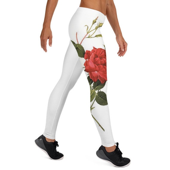 White with Rose Leggings, These leggings are designed for comfort, elasticity and softness. Can be worn as stand-alone garments