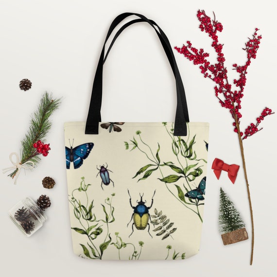 Flowers and bugs printed on white Tote bag, gift for her/women, bag for every day use, universal bag, shoulder bag, beach bag