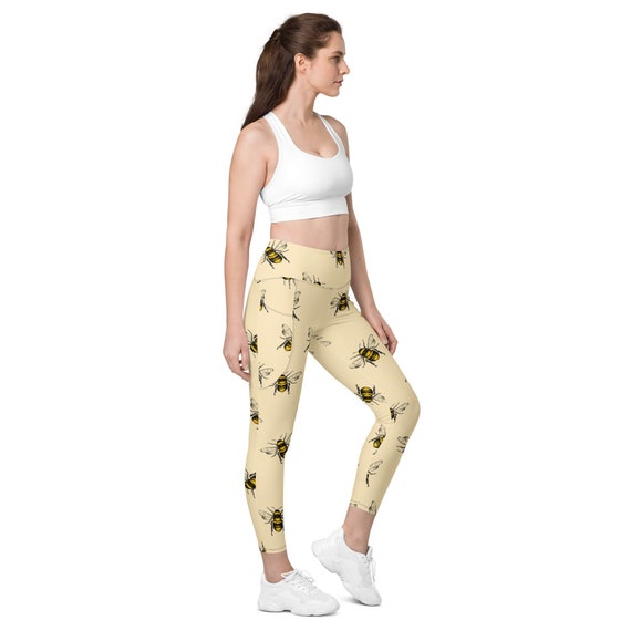 Cream with bees Leggings with pockets, These leggings are designed for comfort, elasticity and softness. Can be worn as stand-alone garments