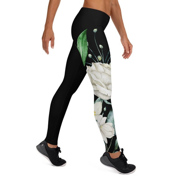 Black with white flower Leggings, These leggings are designed for comfort, elasticity and softness. Can be worn as stand-alone garments