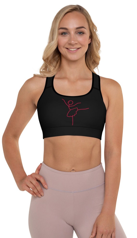 Black Padded Sports Bra with a red lady dancing on the front.