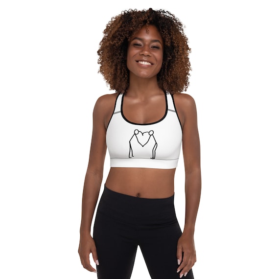 White Padded Sports Bra with black printed stick man on the front