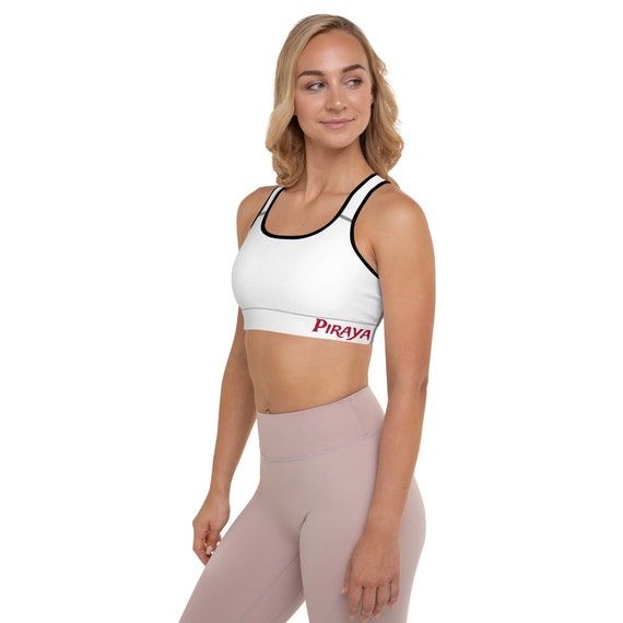 White Padded Sports Bra with Piraya print, Other than toning up on size a padded bra also adds shape to your form