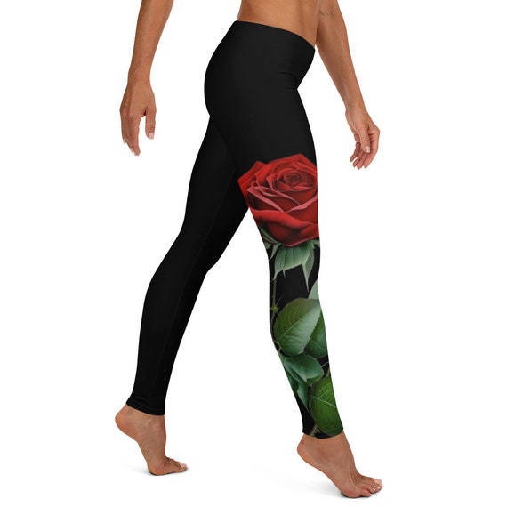Black with a Red rose Leggings, These leggings are designed for comfort, elasticity and softness. Can be worn as stand-alone garments