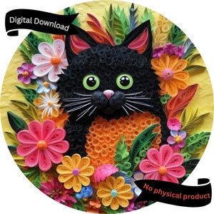 Placa floral de gato preto, design para sublimação PNG (download digital)