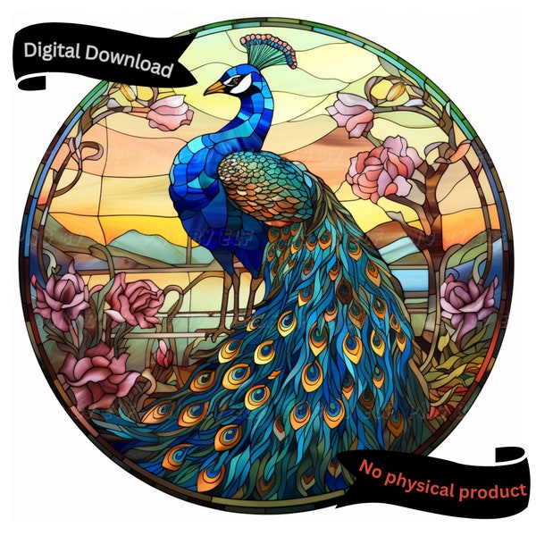 Peacock Faux Stained Glass, 12" Round Sign, Instant Download PNG sublimation heat press, sublimation design, autumn digital downloads, PNGs