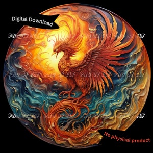 Phoenix Firebird round sign digital transfer, fantasy, T-shirt sublimation transfer, printable wall art, phoenix design for commercial use