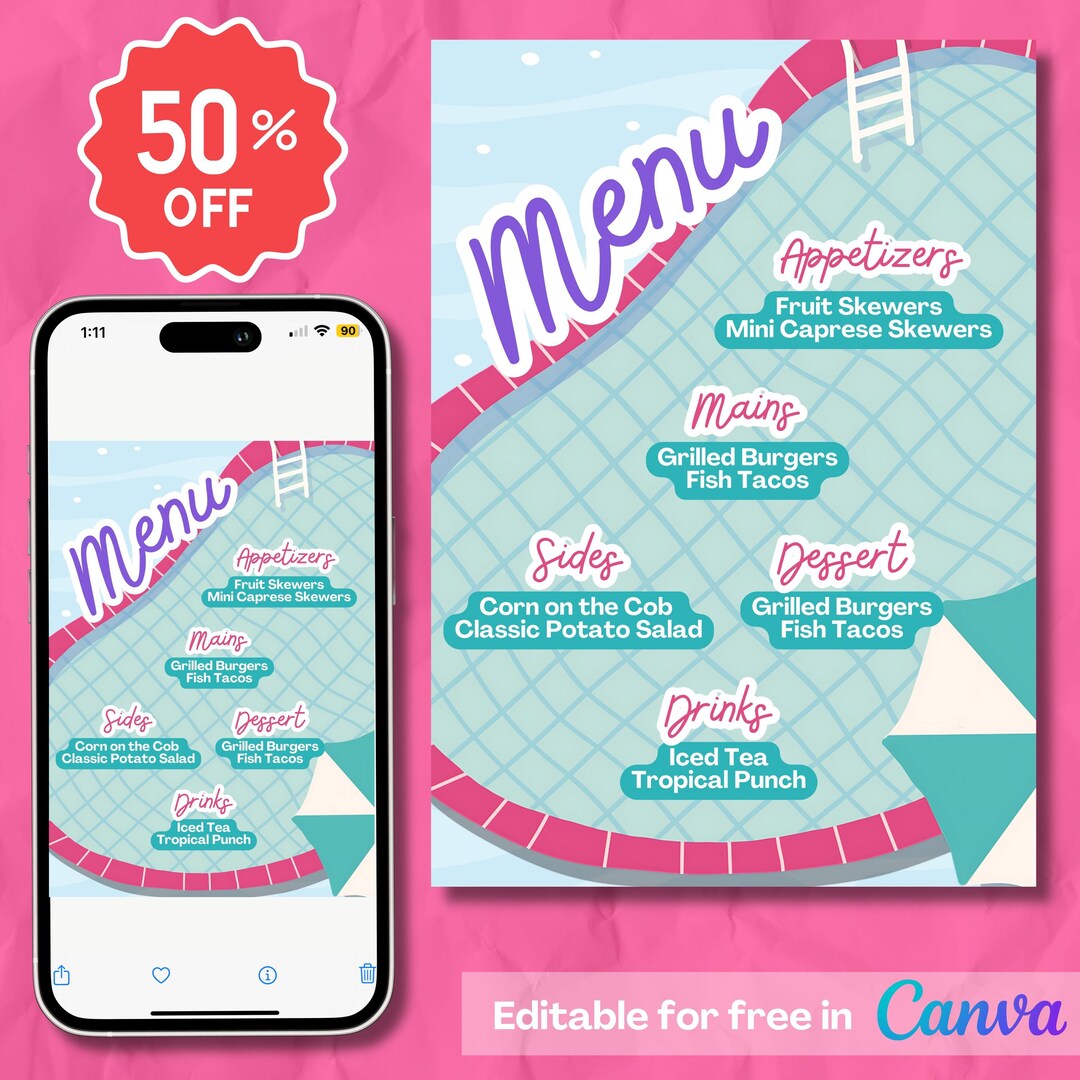Editable Menu Template Pool Party Swimming Party Personalized Menu Menu ...