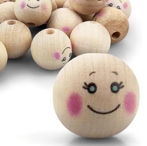 50 Stück Holzperlen Mit Smiley-Gesicht - Natürliche Gesichtskugeln Für Armbänder & Schmuck