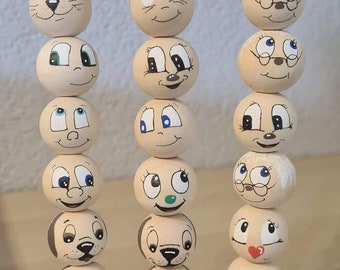 Wooden ball with face, wooden bead 10 pieces