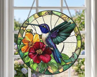 Hummingbird Stained Glass Suncatcher, Floral Hummingbird Window Hanging, Colorful Bird Garden Decor, Garden's Lover Gifts