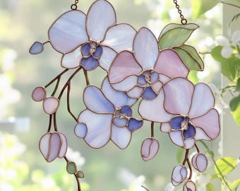 カナダ トロント社製 ステンドグラス サンキャッチャー Wild Rose 手作りのステンドグラス製ホワイトオーキッドサンキャッチャー：花柄の