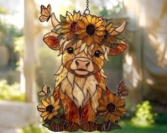 Sunflower Highland Cow Acrylic Suncatcher, Unique Handmade Holiday Gifts, Farmhouse Garden Decor, Rustic Home Gift