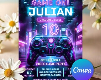 Video Game Birthday Invitation, Arcade Party Invitation, Level Up Birthday Invite, Neon Glow Invite, Glow Video Gamer Boy, Editable Canva