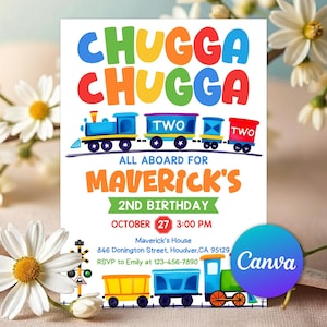May include: A birthday invitation card featuring a colorful train graphic with the text CHUGGA CHUGGA, TWO, ALL ABOARD FOR MAVERICK'S 2ND BIRTHDAY, OCTOBER 27 3:00 PM, Maverick's House, 846 Donington Street, Houdver, CA 91290, and RSVP to Emily at 123-456-7890.