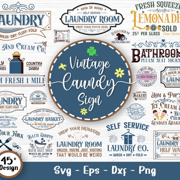 Vintage Laundry Sign Svg Bundle, Laundry Symbols Svg, Laundry Svg, Laundry Guide, Laundry Room Signs, Wash and Dry Svg, Svg Files For Cricut