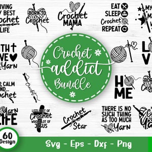 Pacote Svg de viciado em crochê, citações de crochê, agulha de crochê Svg, tricô Svg, design de camisa de crochê, fio de crochê Svg, arquivos Svg para Cricut V1