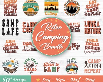 Pacchetto Svg da campeggio retrò, Camp Life Svg, Camp Svg, Camper Svg, Falò Svg, Detti del campo, Camper felice, Avventura Svg, File Svg per Cricut