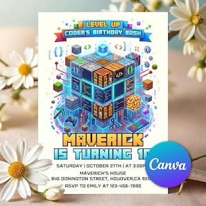 May include: A birthday invitation card featuring a pixelated cube design with coding symbols, a pickaxe, and a game controller. The text reads: LEVEL UP CODER'S BIRTHDAY BASH, MAVERICK IS TURNING 10, SATURDAY, OCTOBER 27TH, AT 3:00PM, MAVERICK'S HOUSE, 846 DONINGTON STREET, HOUDVER, CA 95123, RSVP TO EMILY AT 123-456-7890.