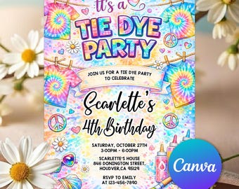 Tie Dye Arts and Crafts Painting Party Invitation, Tie Dye Birthday Party Invitation, Summer Party, Tie Dye Birthday Invite, Editable Canva