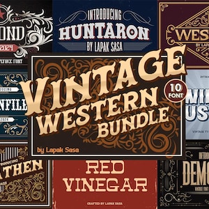 May include: A collection of 10 vintage western font designs. The fonts are displayed in a variety of styles, including serif, sans-serif, and script. The fonts are all in a rustic, western style, with a variety of decorative elements.