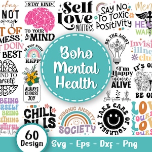 Ensemble bohème de Svg sur la santé mentale, Svg positif, Svg motivant, sensibilisation à la santé mentale, Svg inspirant, amour de soi, fichiers Svg pour Cricut