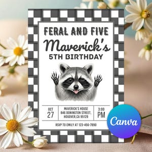 Raccoon Birthday Invitation, Funny Raccoon Birthday, Five Is A Vibe, Feral and Five Birthday Invitation, 5th Birthday Invite, Editable Canva