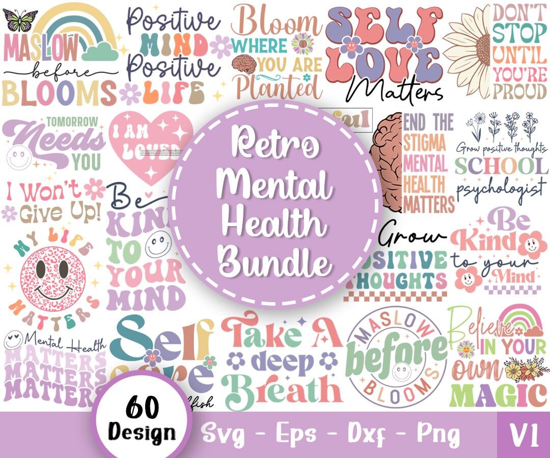 Retro Mental Health Svg Bundle, Positive Svg, Motivational Svg, Mental ...