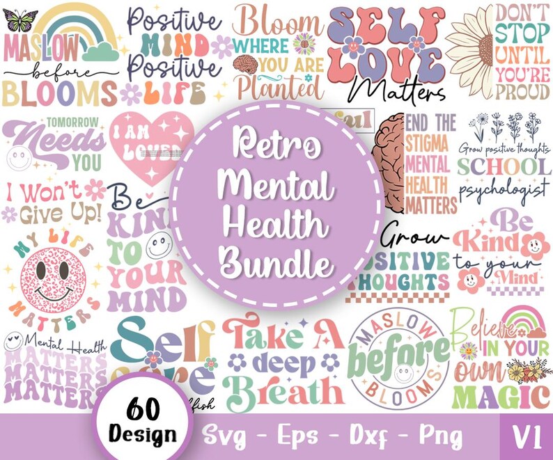 Retro Mental Health Svg Bundle, Positive Svg, Motivational Svg, Mental ...