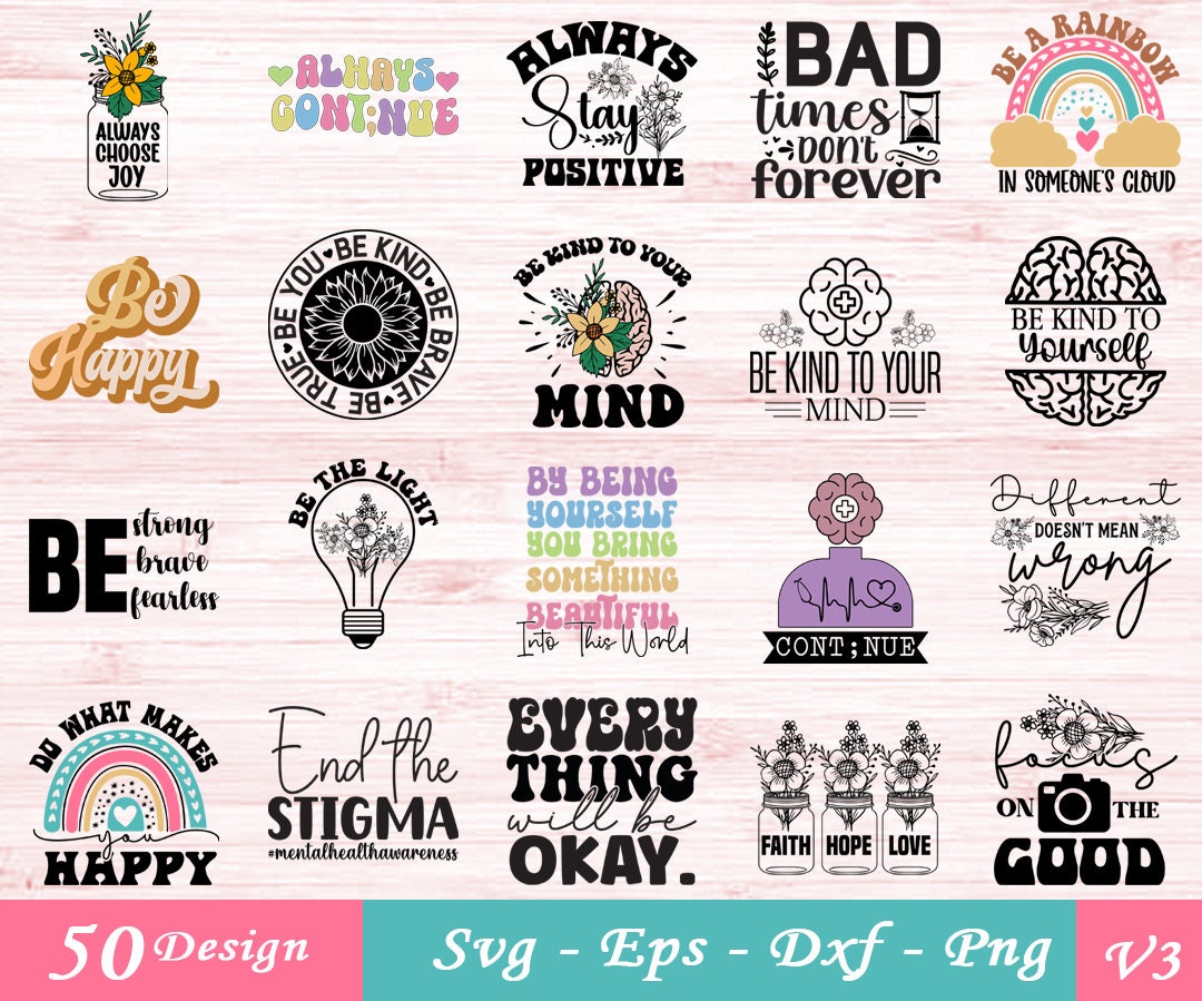 Retro Mental Health Svg Bundle, Positive Svg, Motivational Svg, Mental ...