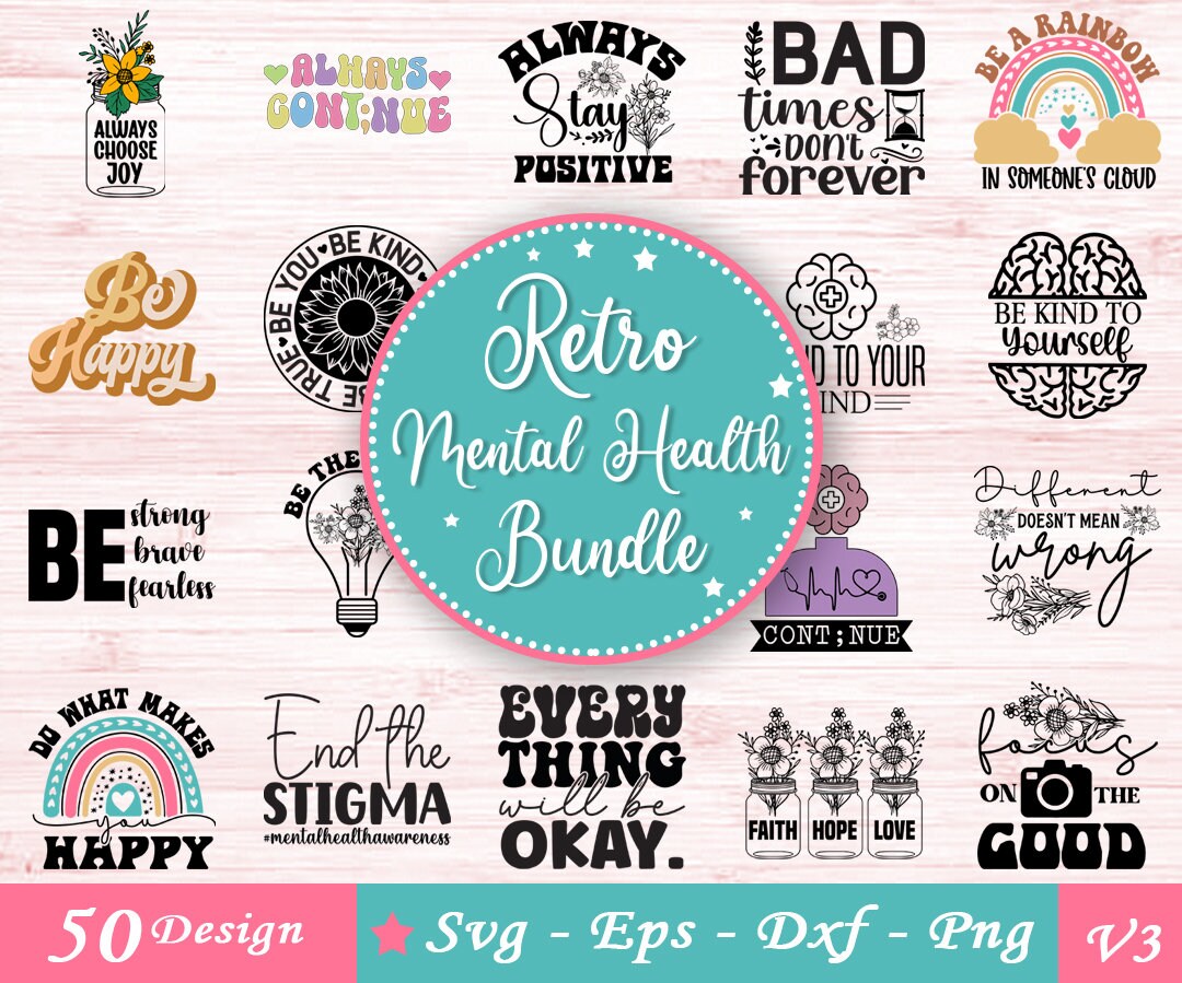 Retro Mental Health Svg Bundle, Positive Svg, Motivational Svg, Mental ...