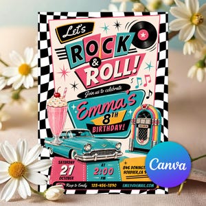 Könnte beinhalten: Eine rechteckige Einladungskarte mit schwarz-weißem Schachbrettmuster am Rand, einem türkisfarbenen Oldtimer, einem rosa Milchshake, einer Jukebox und einer Schallplatte. Text: Let's ROCK & ROLL! Join us to celebrate Emma's 8th BIRTHDAY! Saturday 27 October at 2:00 PM.