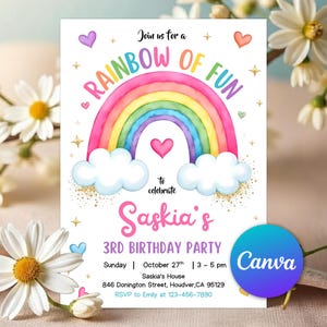 May include: A colorful birthday party invitation with a rainbow design. The invitation includes the text "Rainbow of Fun" and details for Saskia's 3rd birthday party, including the date, time, and location. The Canva logo is in the bottom right corner.
