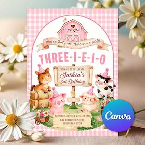 May include: A pink and white gingham-patterned invitation for a farm-themed birthday party. The invitation features illustrations of farm animals, a barn, and the text "THREE-I-E-I-O" and "Saskia's 3rd Birthday".