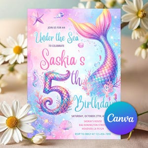 May include: A vibrant mermaid-themed birthday invitation. The design includes a mermaid tail, seahorses, and the text "Under the Sea" and "Saskia's 5th Birthday". The invitation also features a Canva logo and RSVP details.
