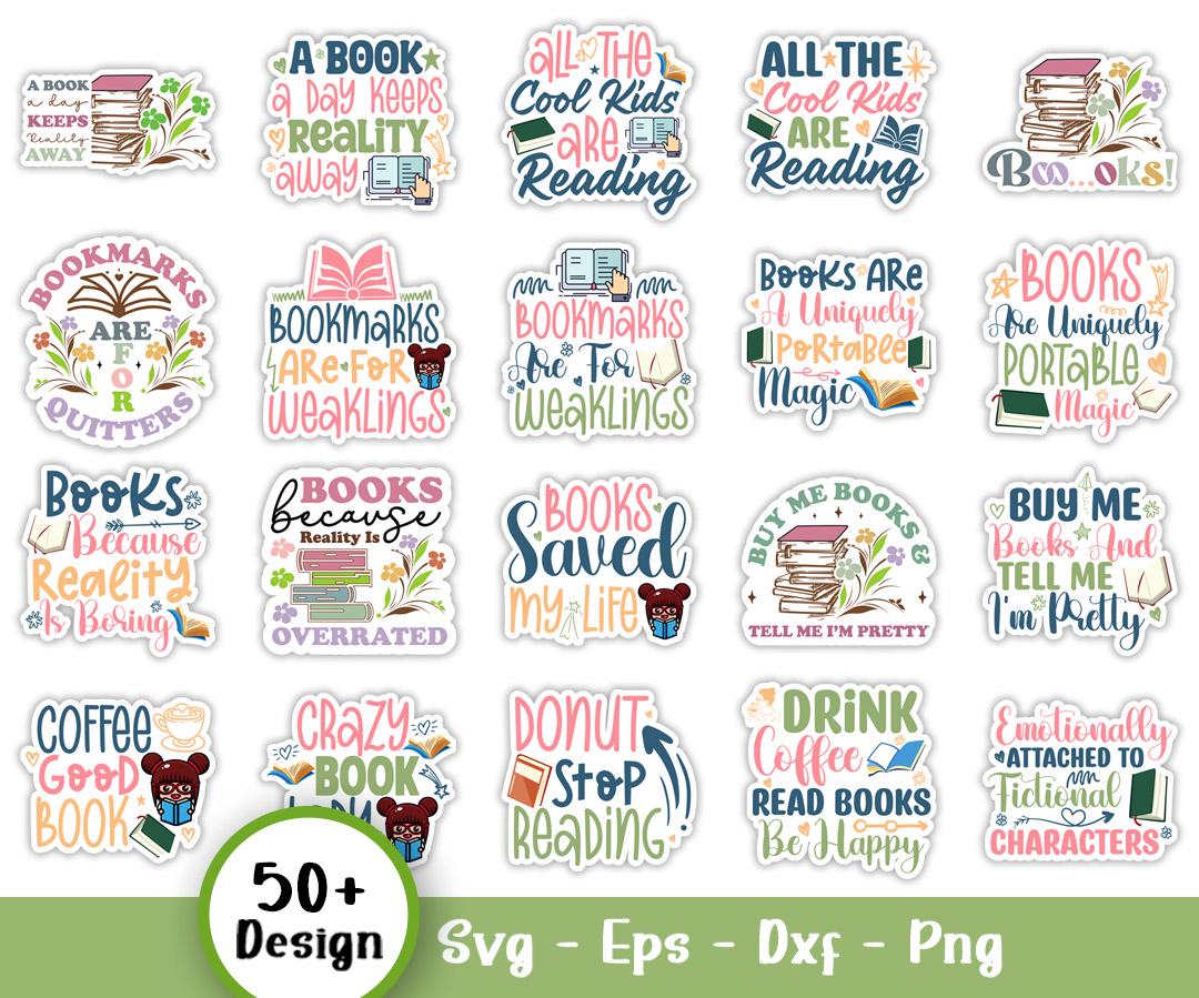 Reading Sticker Bundle PNG SVG, Book Lover Svg, Floral Book Sticker Svg ...