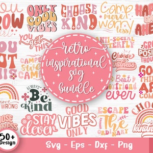 Pacote Svg inspirador, Svg motivacional, Svg de saúde mental, Svg de citações positivas, Svg de bondade retrô, Svg seja gentil, Arquivos Svg para Cricut V1