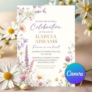 May include: A memorial service invitation card featuring watercolor illustrations of wildflowers, lavender, and butterflies. The text reads: Please join us for a Celebration of the life of Garcia Abrams, Forever in our heart, Saturday, October 27th, 2026.