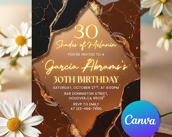 Shades of Melanin Birthday Dinner Invitation, Shades of Brown, Agate Birthday Invitation, Black Woman Birthday Card, Any Age, Editable Canva