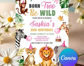 Two Wild Second Birthday Invitation, Safari 2nd Birthday Party, Jungle Animal Birthday, Born Two Be Wild, Party Animals Two, Editable Canva