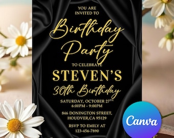 Black & Gold Birthday Invitation, Modern Black Birthday Invite, 30th Birthday Evite for Him, Mens Digital Invite, Editable Canva Template